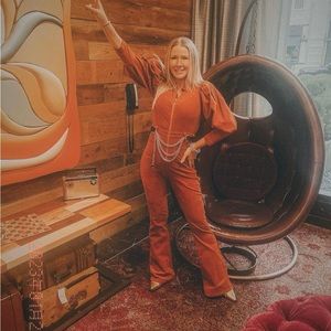 Corduroy jumpsuit with chain belt